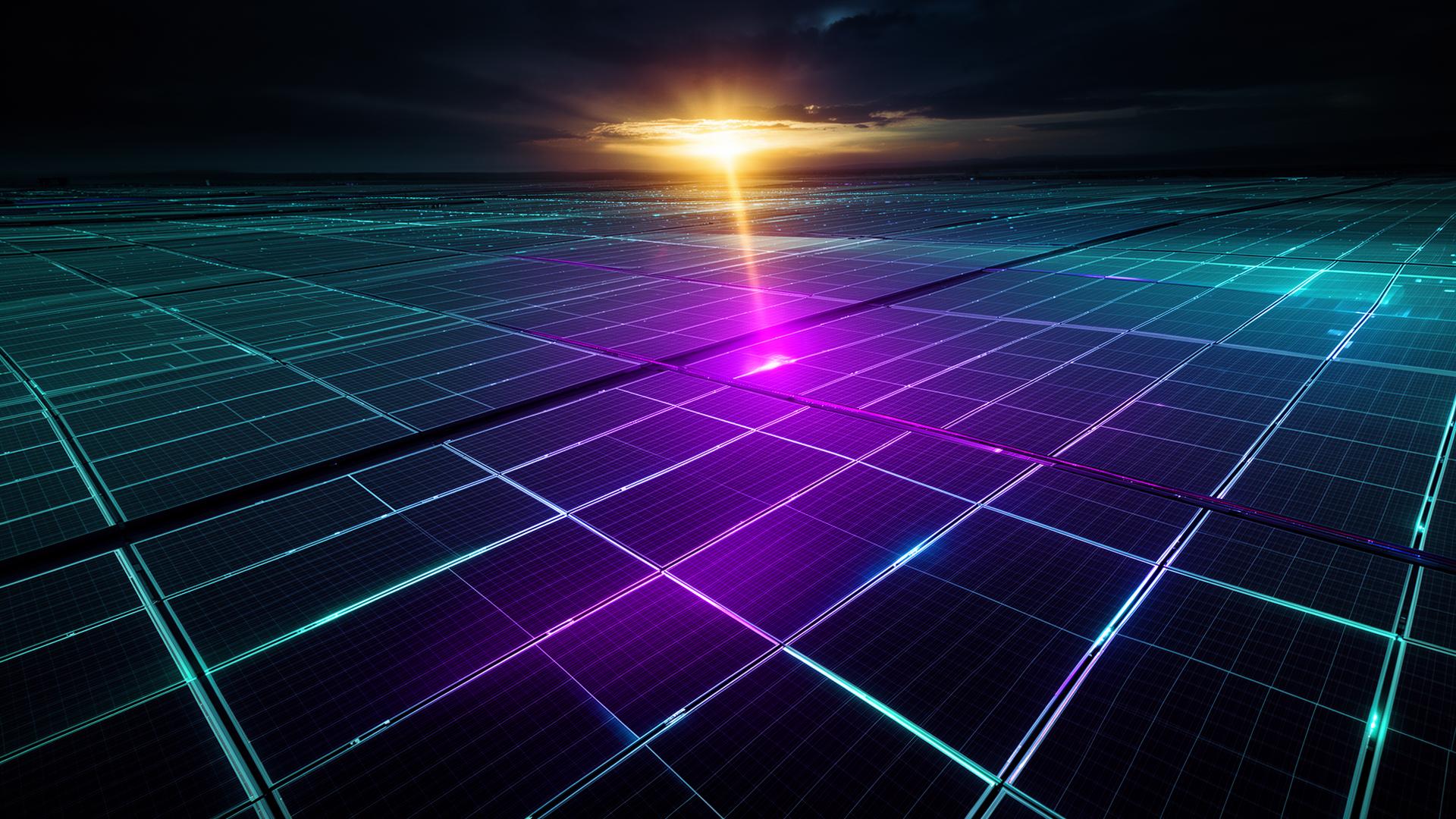 Painéis solares fotovoltaicos com reflexos de energia em tons de ciano e violeta ao pôr do sol